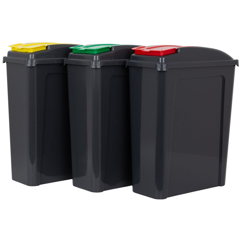 Wham 3 Piece 25L Plastic Recycle Bin Graphite/Asst Red/Green/Yellow Lids Image 1