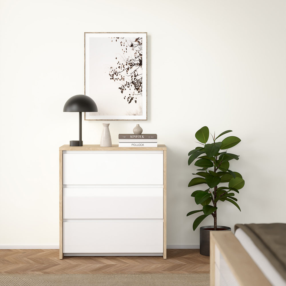 Florence Next 3 Drawer Jackson Hickory White High Gloss Chest of Drawers Image 5