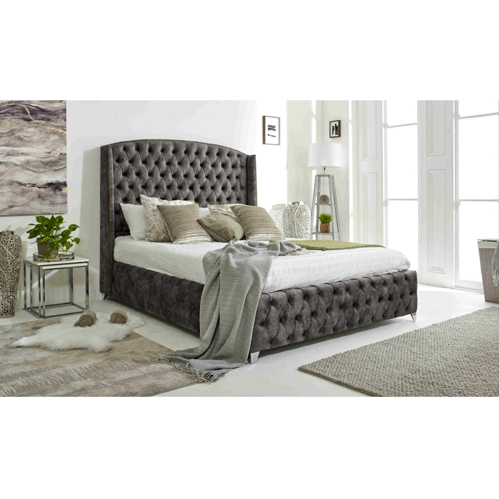 Eleganza Home Winfield Single Grey Oakland Fabric Bed Frame with Chesterfield Headboard Image 7