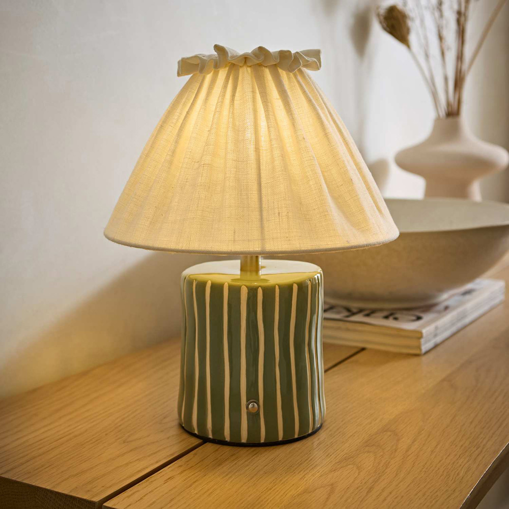 ValueLights Elma Green Stripe Linen Pleated Rechargeable Ceramic Table Lamp Image 6