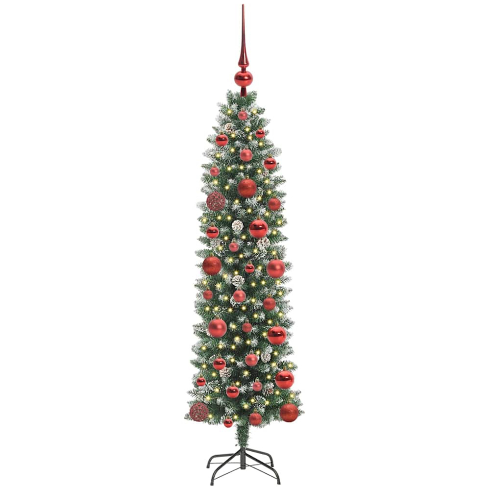 vidaXL Pre-Lit Warm White LED and Red Baubles Green Slim Artificial Christmas Tree 4ft Image 2