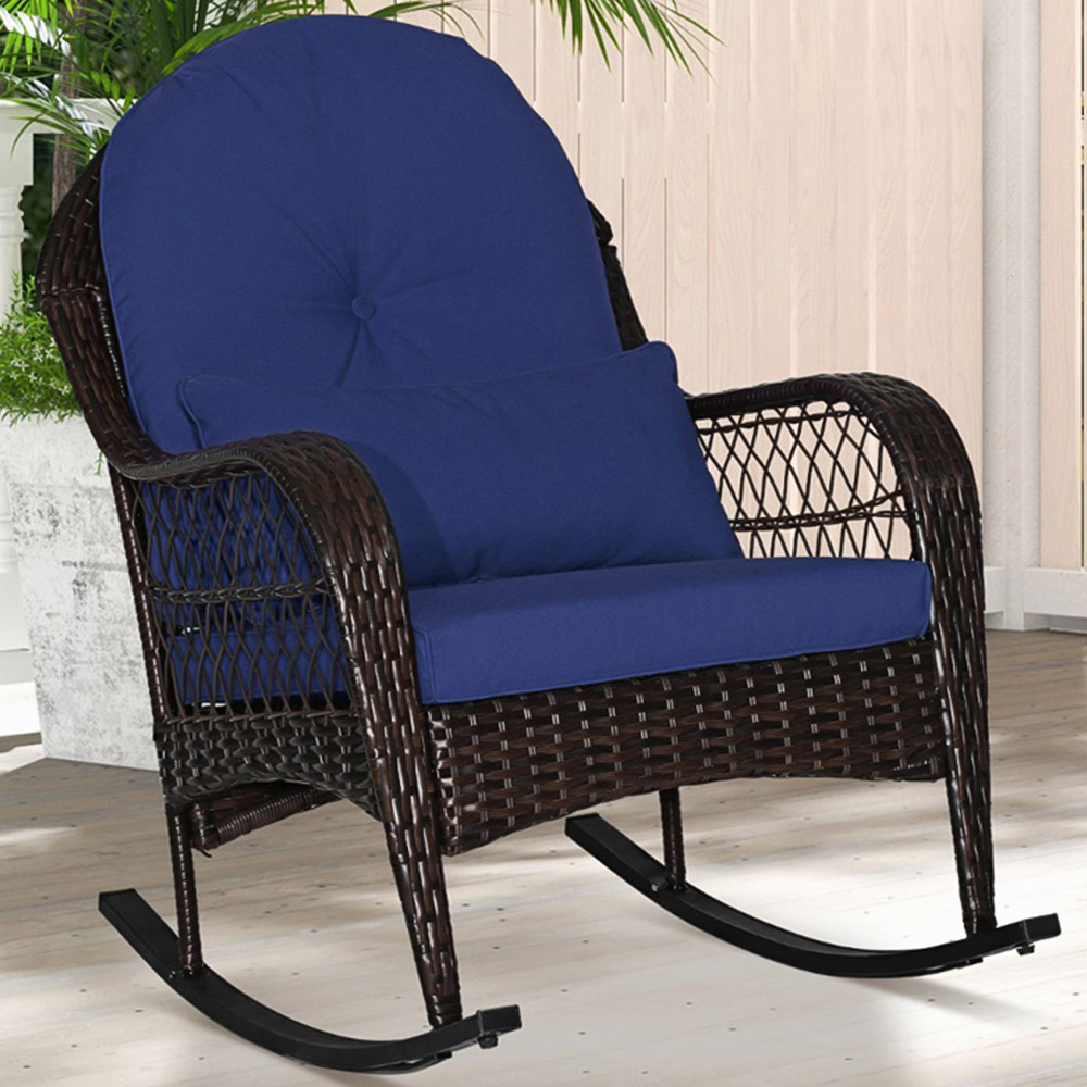 Costway Navy Patio Rattan Rocking Chair with Seat Back Cushions and Waist Pillow Image 1