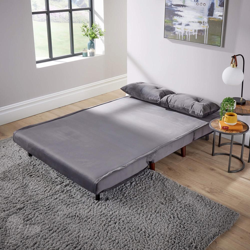 Home Source Morella 2 Seater Grey Velvet Folding Sofa Bed with Pillow Image 5
