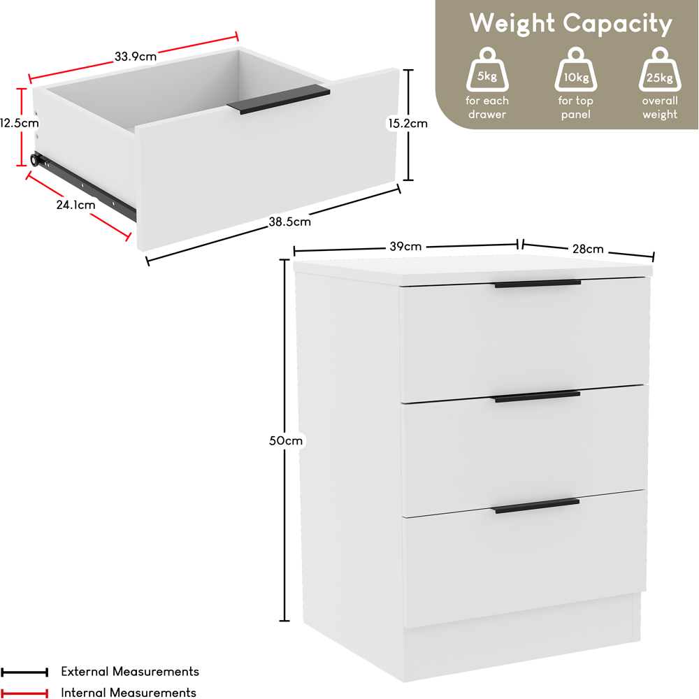 VIDA DESIGNS Terga 3 Drawer White Bedside Cabinet Image 8
