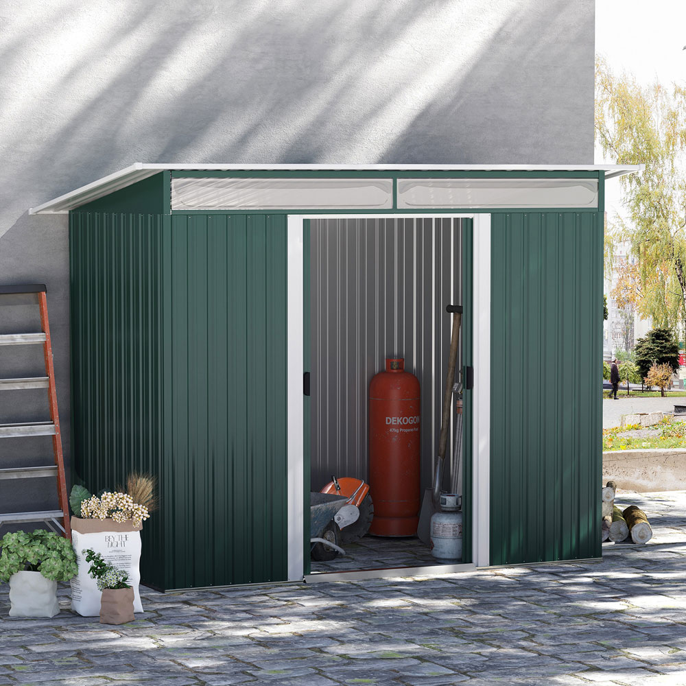 Outsunny 4.4 x 8.5ft Pent Roof Double Sliding Door Metal Storage Shed Image 2