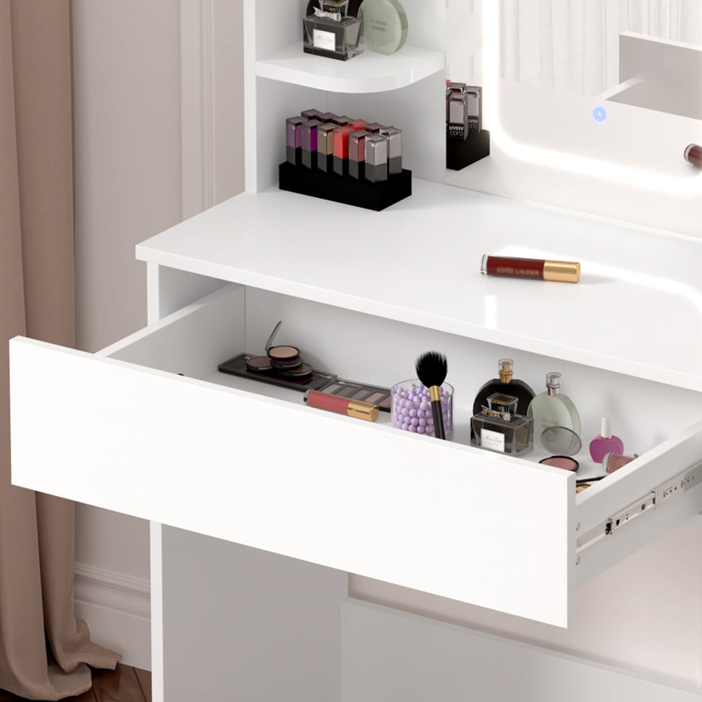 FurnitureHMD Single Drawer 4 Shelf White Wooden Dressing Table with Adjustable LED Mirror Image 3