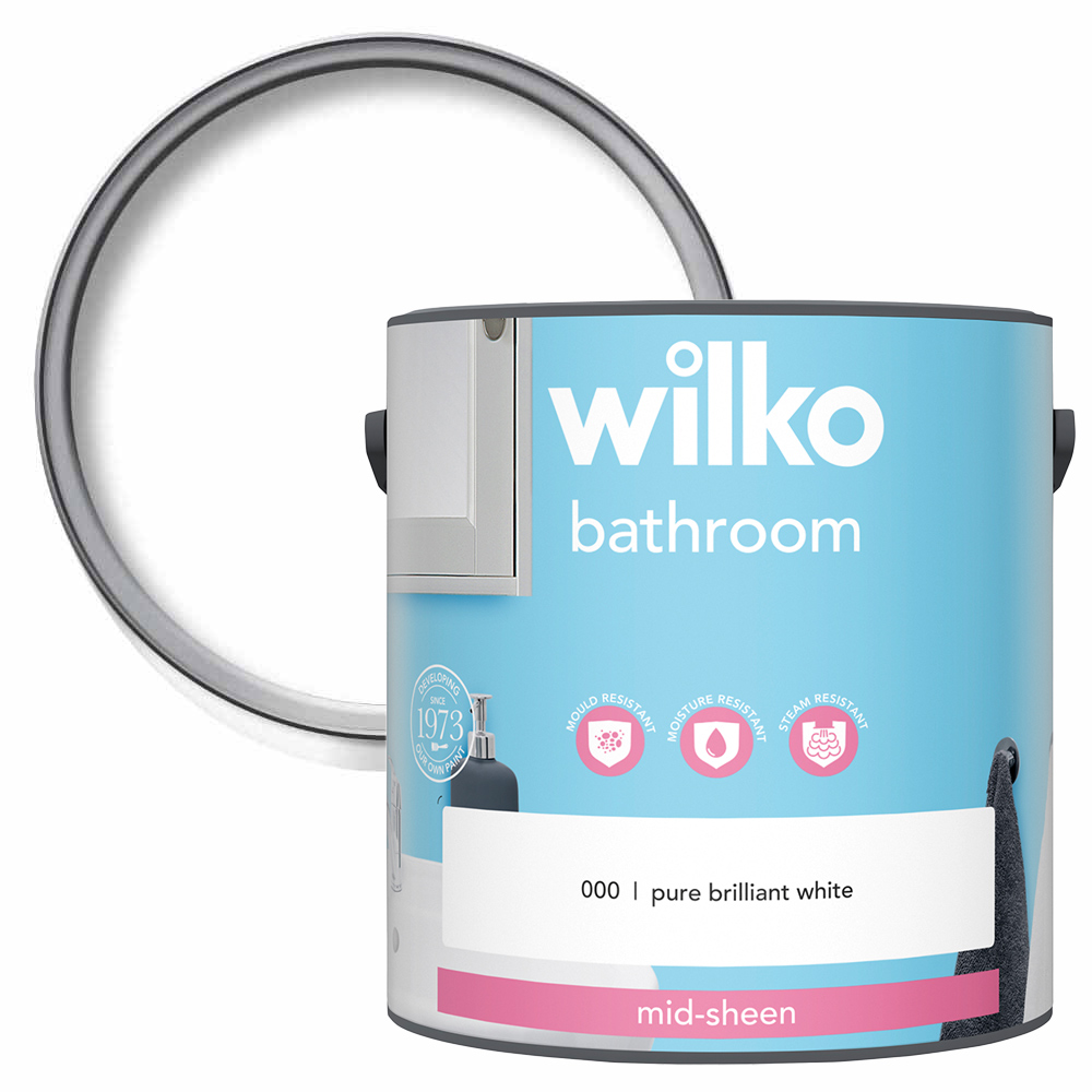 Wilko Bathroom Pure Brilliant White Mid Sheen Emulsion Paint 2.5L Image 1