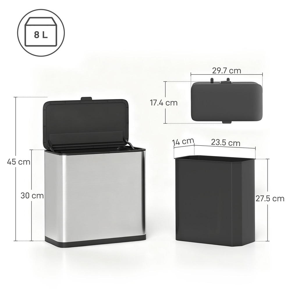 HOMCOM Silver Under Sink Hanging Kitchen Bin with Stay-Open Lid 8L Image 9