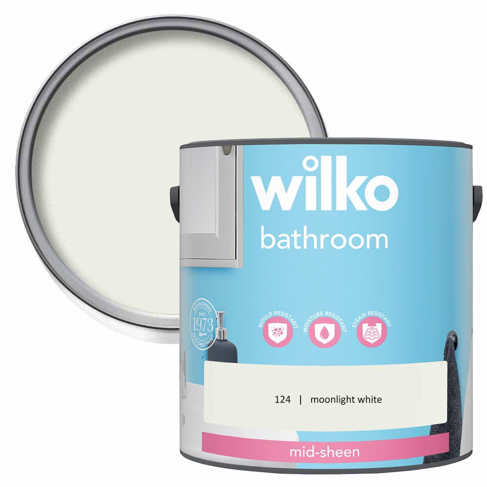 Wilko Bathroom  Moonlight White Mid Sheen Emulsion  Paint 2.5L Image 1