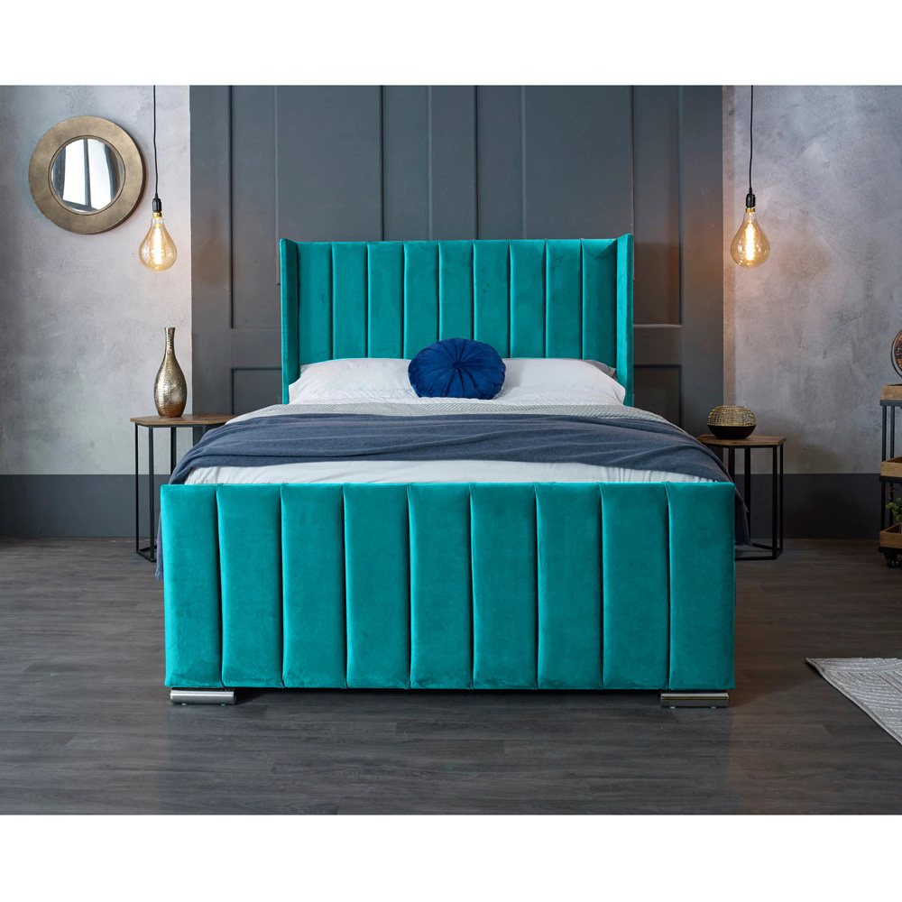 Eleganza Home Meriso Super King Size Teal Plush Velvet Bed Frame with Winged Headboard Image 4