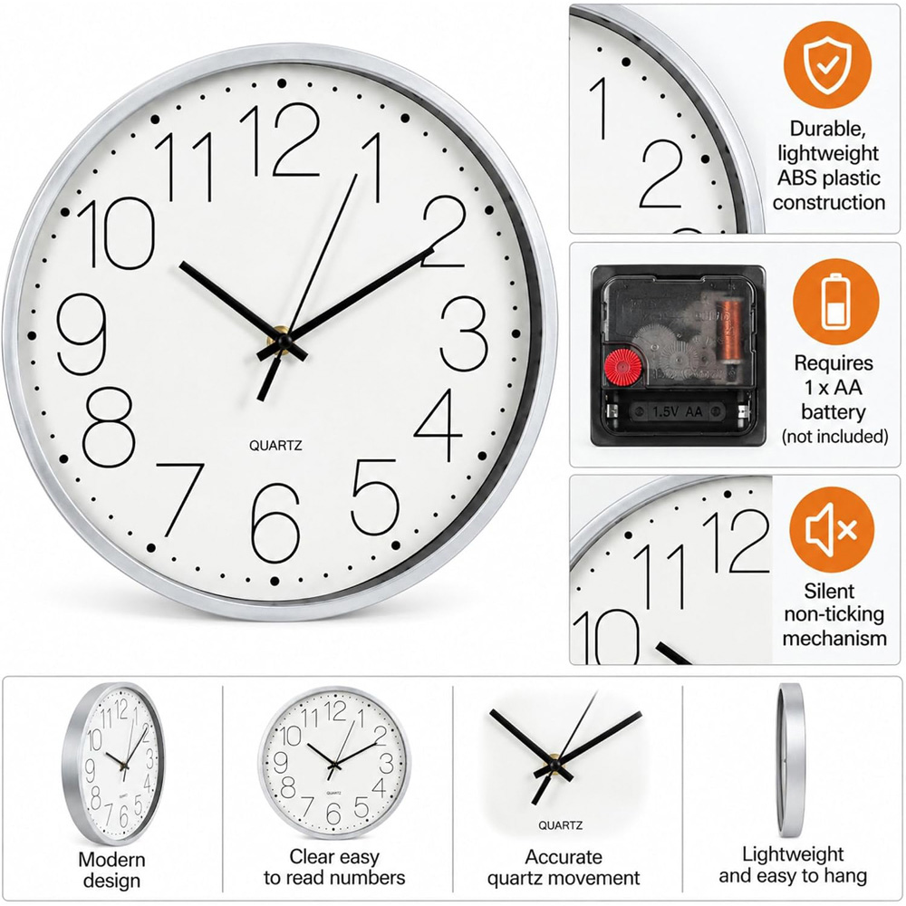 Marco Paul White Round Wall Clock with Silver Rim 28cm Image 6