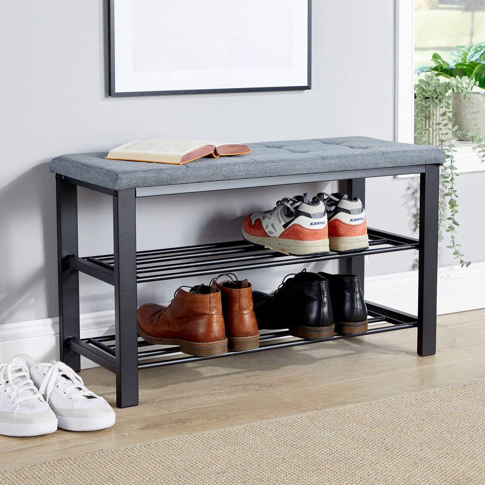 Home Source Sleaford 2 Shelf Grey Linen Upholstered Metal Shoe Bench Image 5