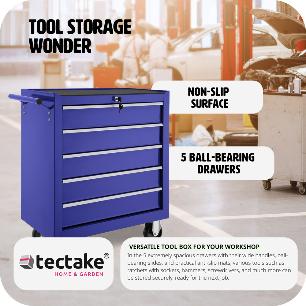 tectake 5 Drawer Blue Tool Chest of Drawers with Wheels Image 5