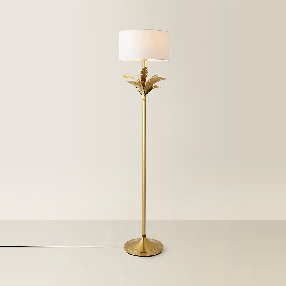 ValueLights Christina White and Gold Palm Leaf Detail Single Stem Floor Lamp and Bulb Image 5