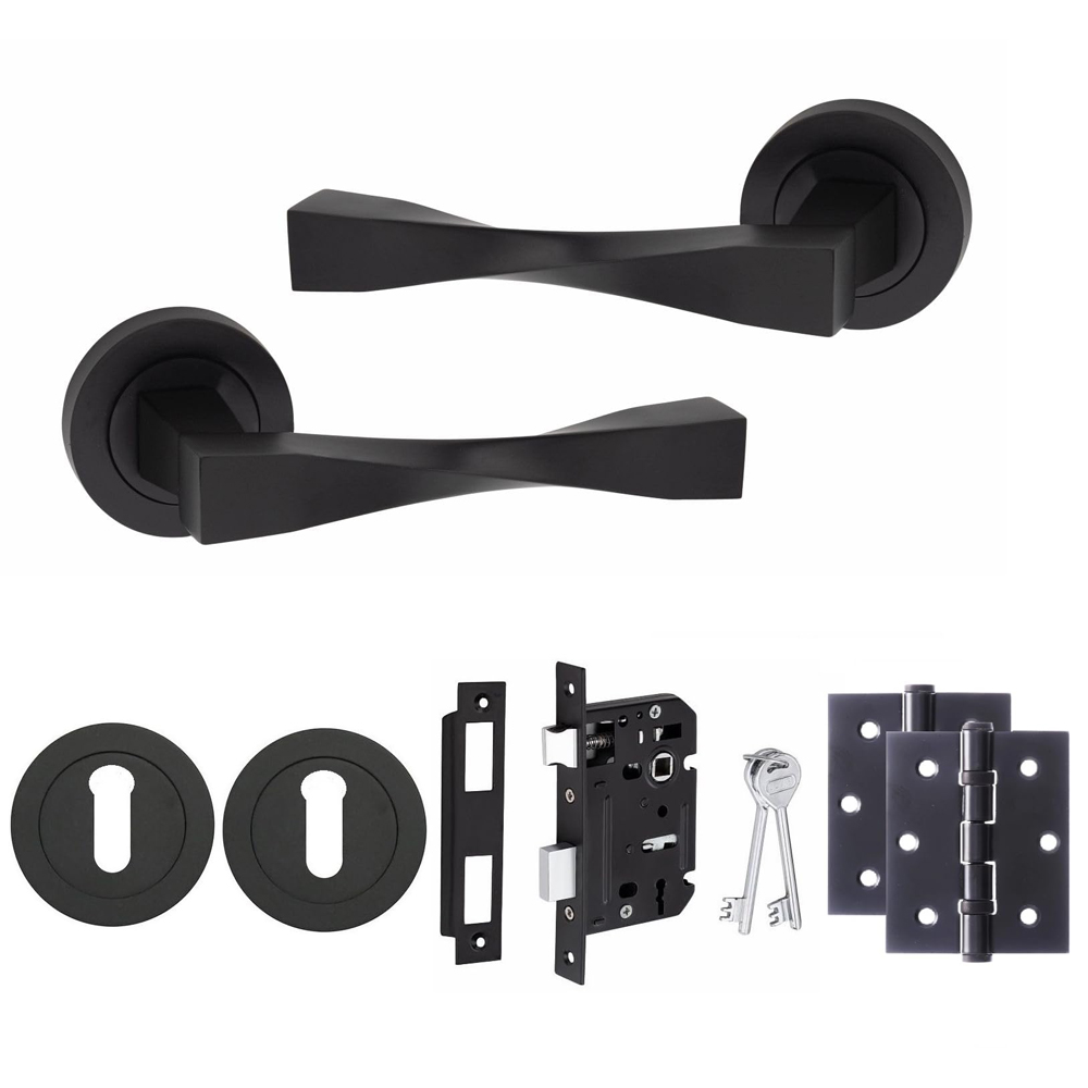 Golden Grace Matt Black Straight Astrid Twist Door Handle Pair with 3 Lever Mortise Hinges and Key Hole 64mm Image 1