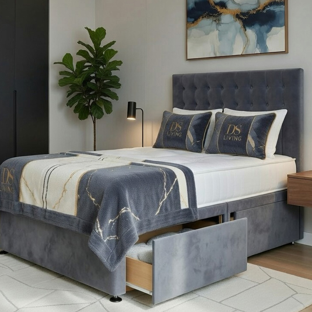 DS Living Casia Super King Size Grey Plush Velvet Divan Bed with 4 Drawer Image 1