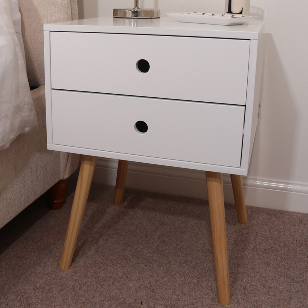 Scandia 2 Drawer White Wooden Legs Bedside Table Image 1