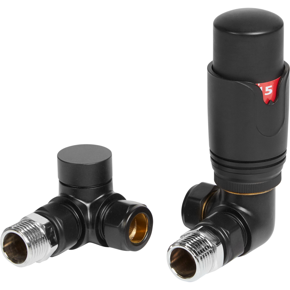 Towelrads Black Corner TRV and Lockshield Set 15mm x 1/2inch Image 1