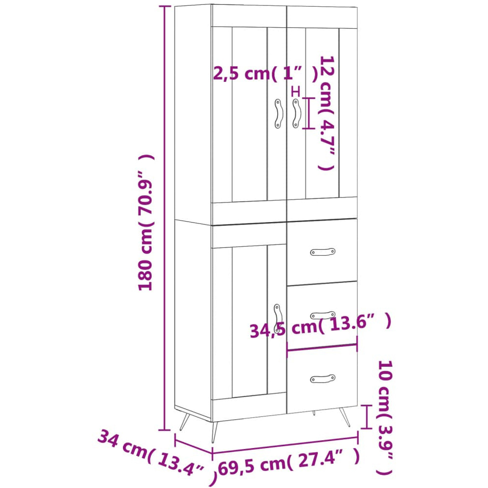 vidaXL 3 Door 3 Drawer Grey Sonoma Highboard with Metal Legs Image 6