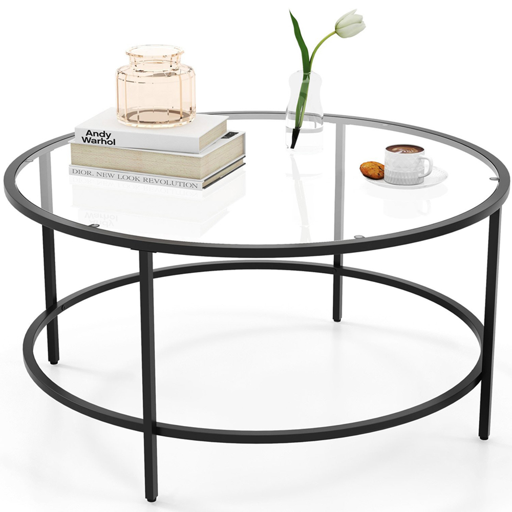 Costway Black Round Tempered Glass Coffee Table Image 3