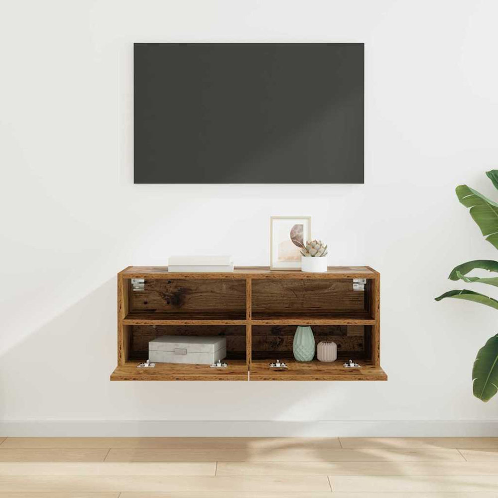 vidaXL 2 Door 2 Shelf Old Wood Wide Wall Mounted TV Unit Image 9
