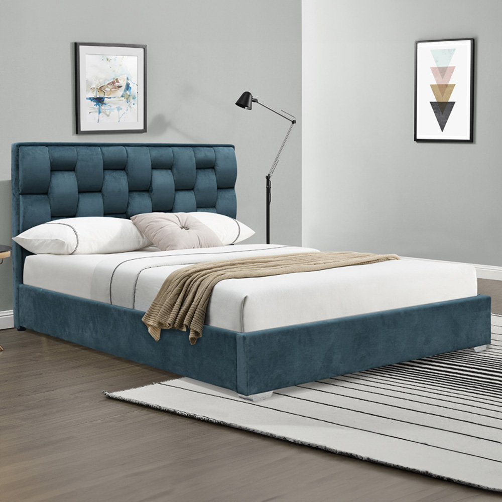 Brooklyn King Size Blue Plush Velvet Weaved Headboard Bed Frame Image 1