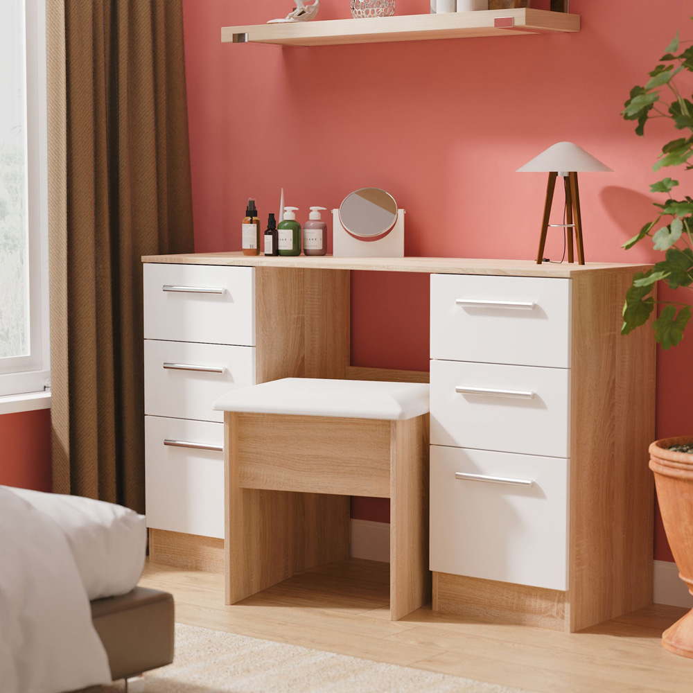 Crowndale Contrast 6 Drawer White Matt and Bardolino Oak Kneehole Desk Ready Assembled Image 7