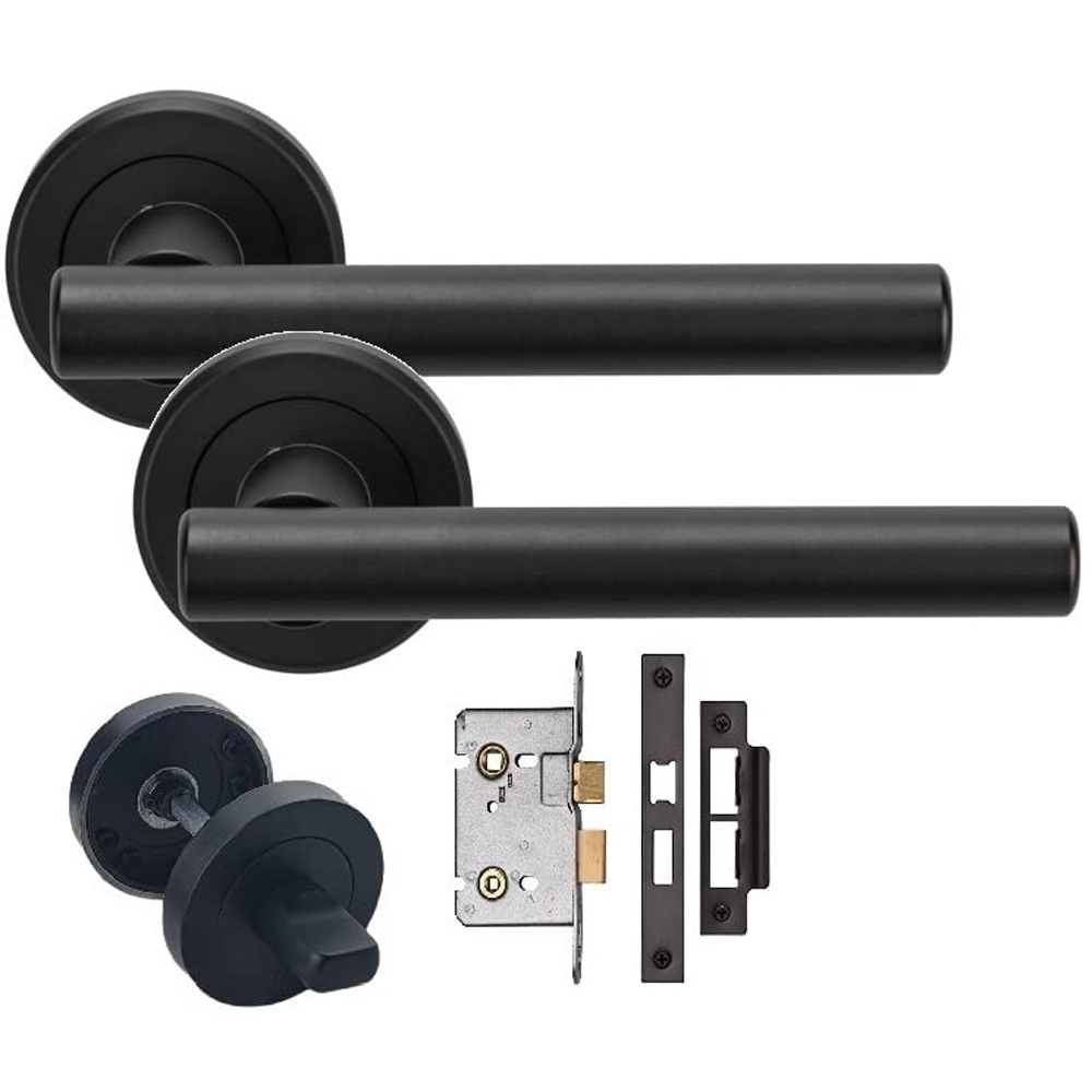 Golden Grace Round Rose Matt Black Finish Straight T-Bar Bathroom Door Handle Image 1