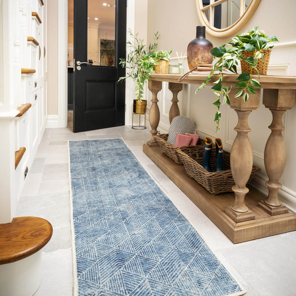 Kukoon Denim Blue Geometric Distressed Rug 60 x 240cm Image 3