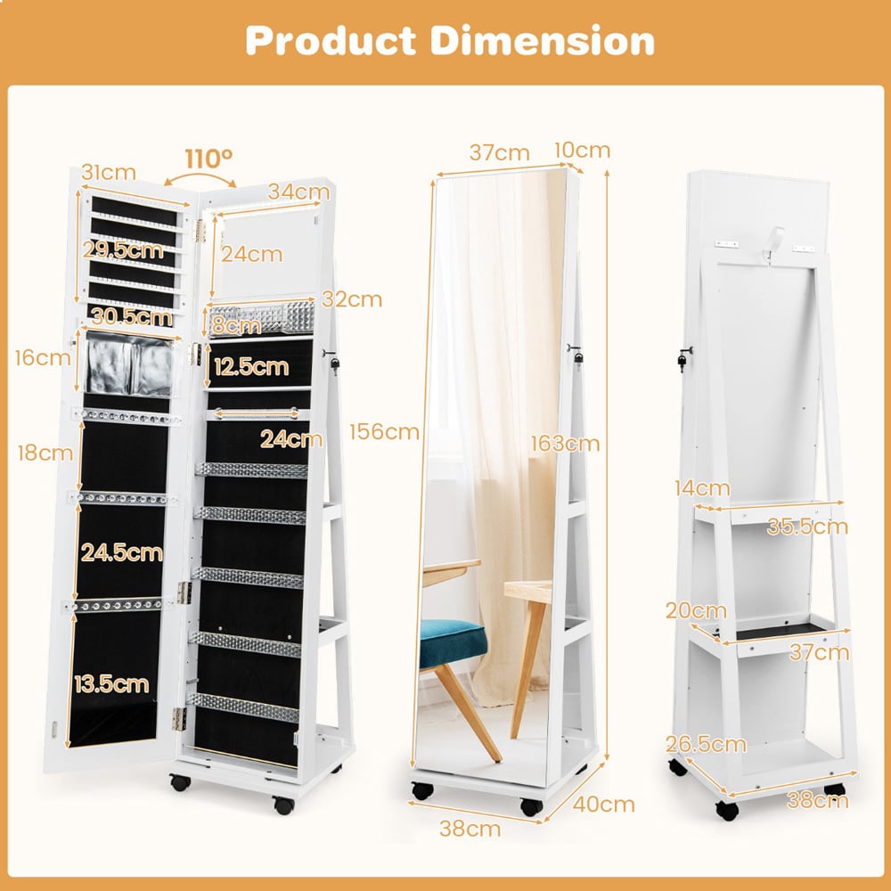 Costway White LED Full Length Mirror Jewellery Armoire Image 9
