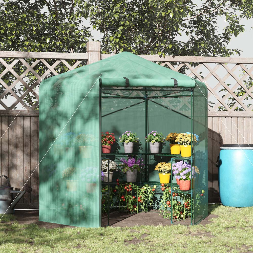 Outsunny 3 Tier Green 7.4 x 6.4ft Hexagon Greenhouse Image 2