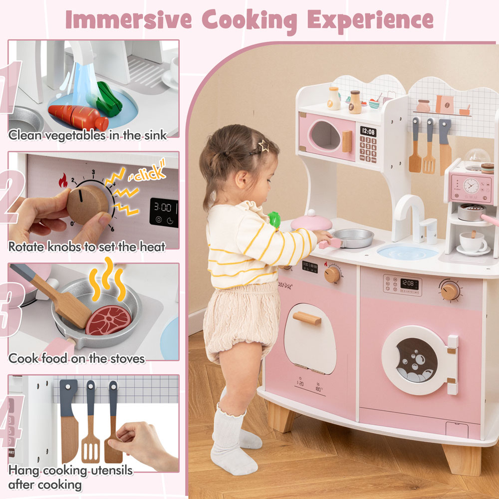 Costway Pink Kids Wooden Kitchen Playset with Coffee Maker Image 6