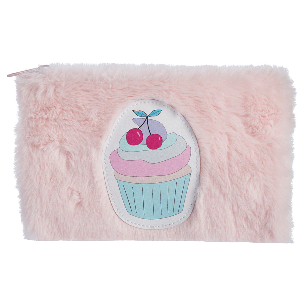 Wilko Pink Fluffy Cupcake Design Pencil Case Image 1