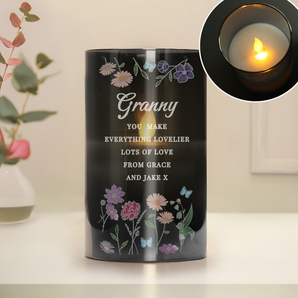 Personalised Memento Personalised Wild Flowers Smoked Glass LED Candle Image 3