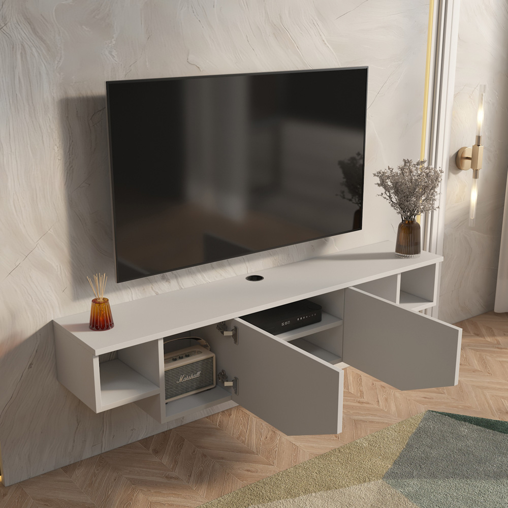 Decorotika Hera 2 Door 2 Shelf Glossy White Wall Mounted TV Unit Image 5