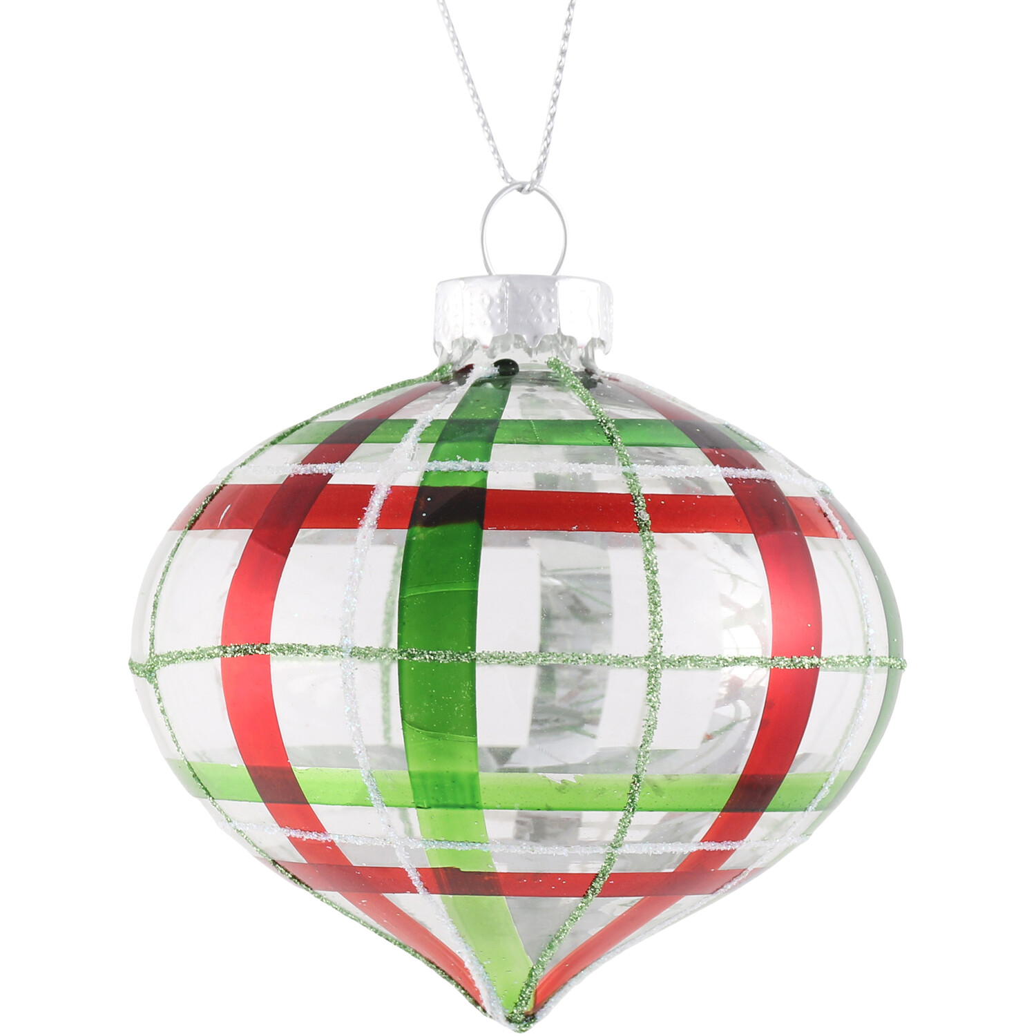 Red and Green Striped Clear Glass Bauble Image