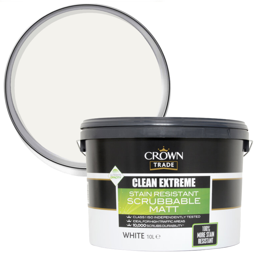Crown Trade Clean Extreme White Stain Resistant Scrubbable Matt Paint 10L Image 1