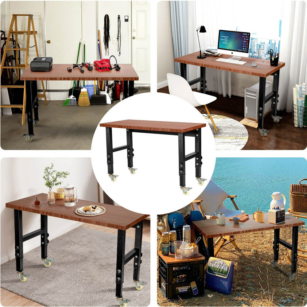Costway Brown 10 Level Adjustable Workbench with 4 Lockable Casters Image 7