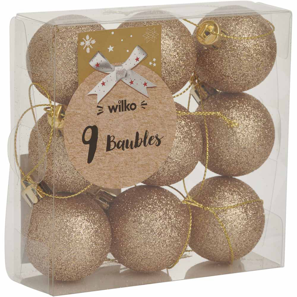 Wilko Cocktail Kisses Gold Glitter Christmas Baubles 9 Pack Image 3