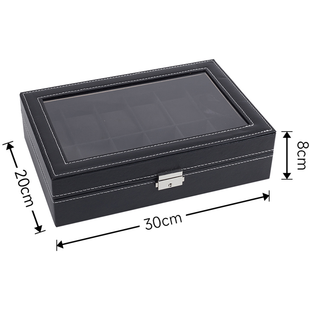 H&O Direct 12 Slot Black Watch Display Box with Glass Lid Image 5