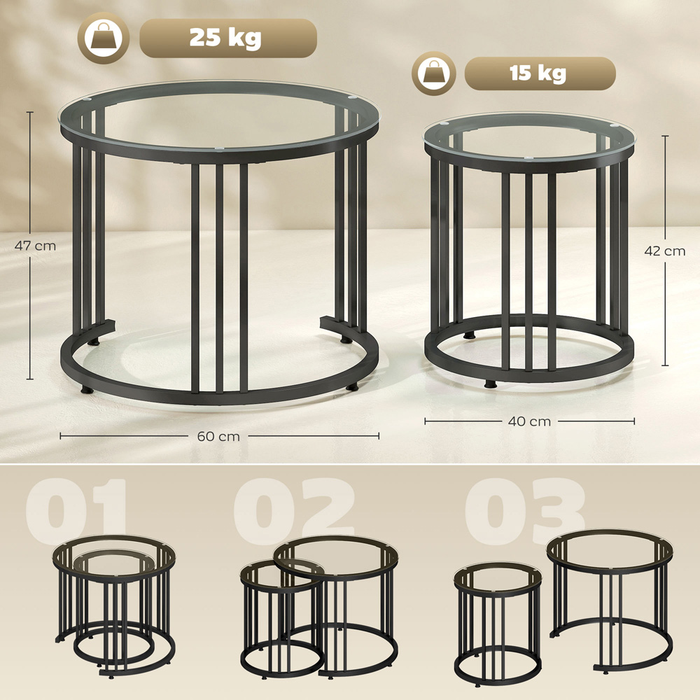Portland Black Tempered Glass Top Round Nest of Tables Set of 2 Image 9
