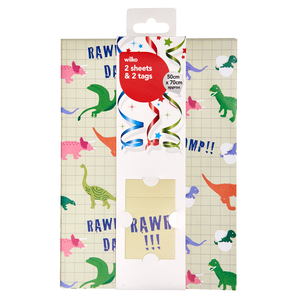 Wilko Grid Dinosaur Gift Wrap 2 Sheets and 2 Tags Image 1