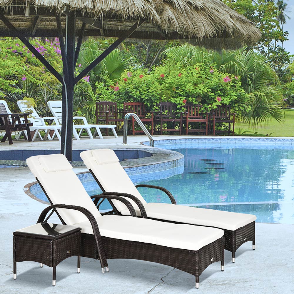 Outsunny Set of 2 Brown Rattan Sun Lounger Set with Table Image 1