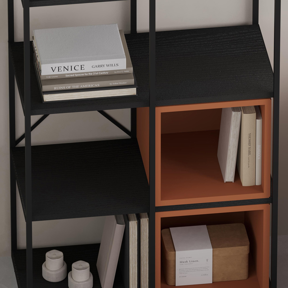 Decortie Vale Midi 10 Shelf Black Wood and Cinnamon Bookcase Image 3