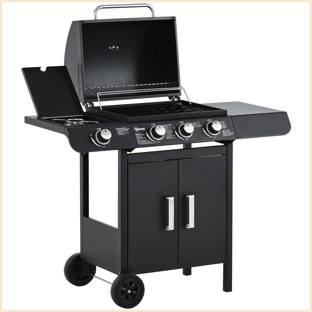 Outsunny Black 3 + 1 Deluxe Gas Burner BBQ Grill Image 1