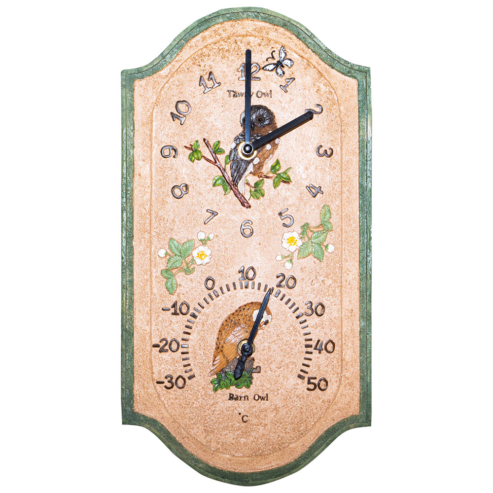 St Helens Owl Design Garden Clock and Thermometer 38 x 20cm Image 1