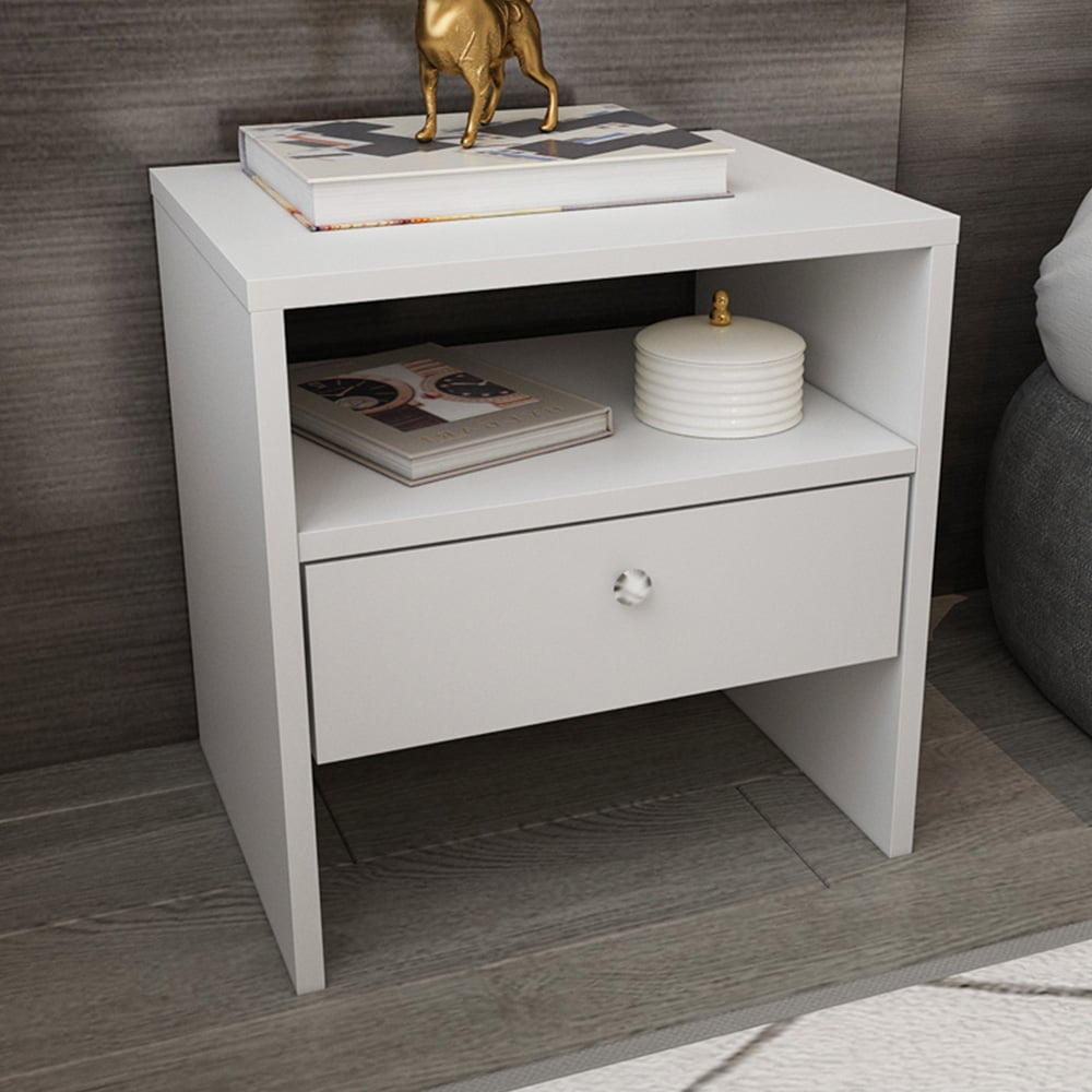 Decorotika Nova Single Drawer Single Shelf White Bedside Table Image 1