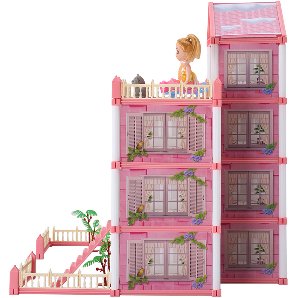 H&O Direct 245 Piece Kids Pink 4 Storey Dollhouse Playset with Furniture Image 2