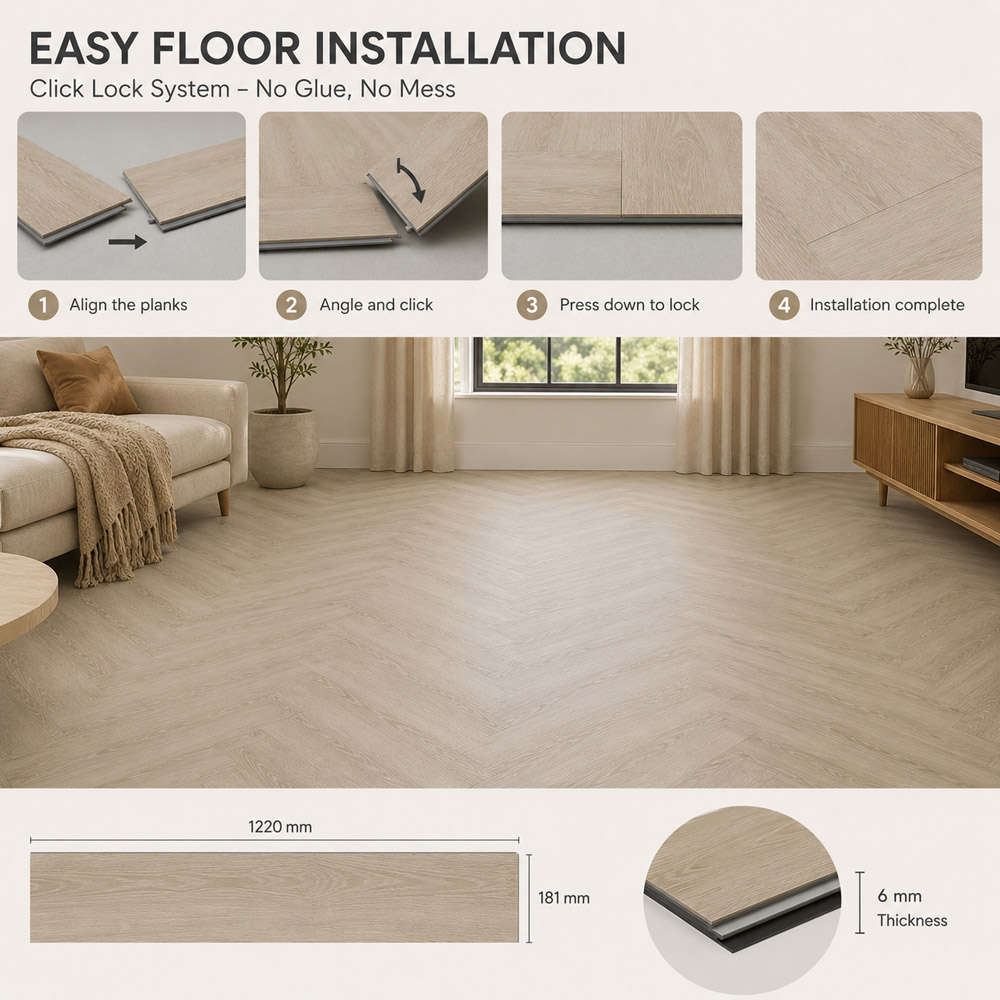 Britwall Butternut Beige Herringbone Wood-Embossed SPC Vinyl Flooring 625 x 125mm 20 Pack Image 6