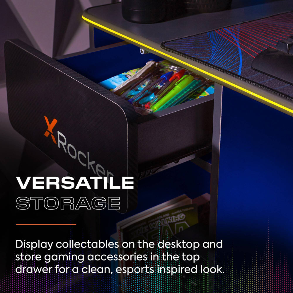 X Rocker Carbon-Tek Single Drawer Single Shelf Gaming Desk with Neo Fibre LED Lights Grey and Blue Image 5